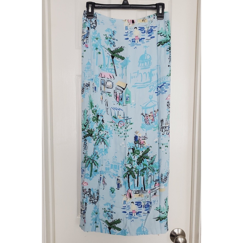 Vtg Preppy Maxi Skirt Blue French Riviera Novelty Print Rayon Pull On 16